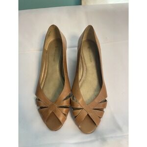 Naturalizer Brown Leather Low Wedge Peep Toe Shoes 7W Bin2